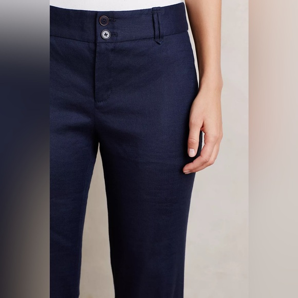 NWT Anthro Elevenses Benton Trousers Navy Double Button Linen / Rayon / Spandex - Picture 5 of 7